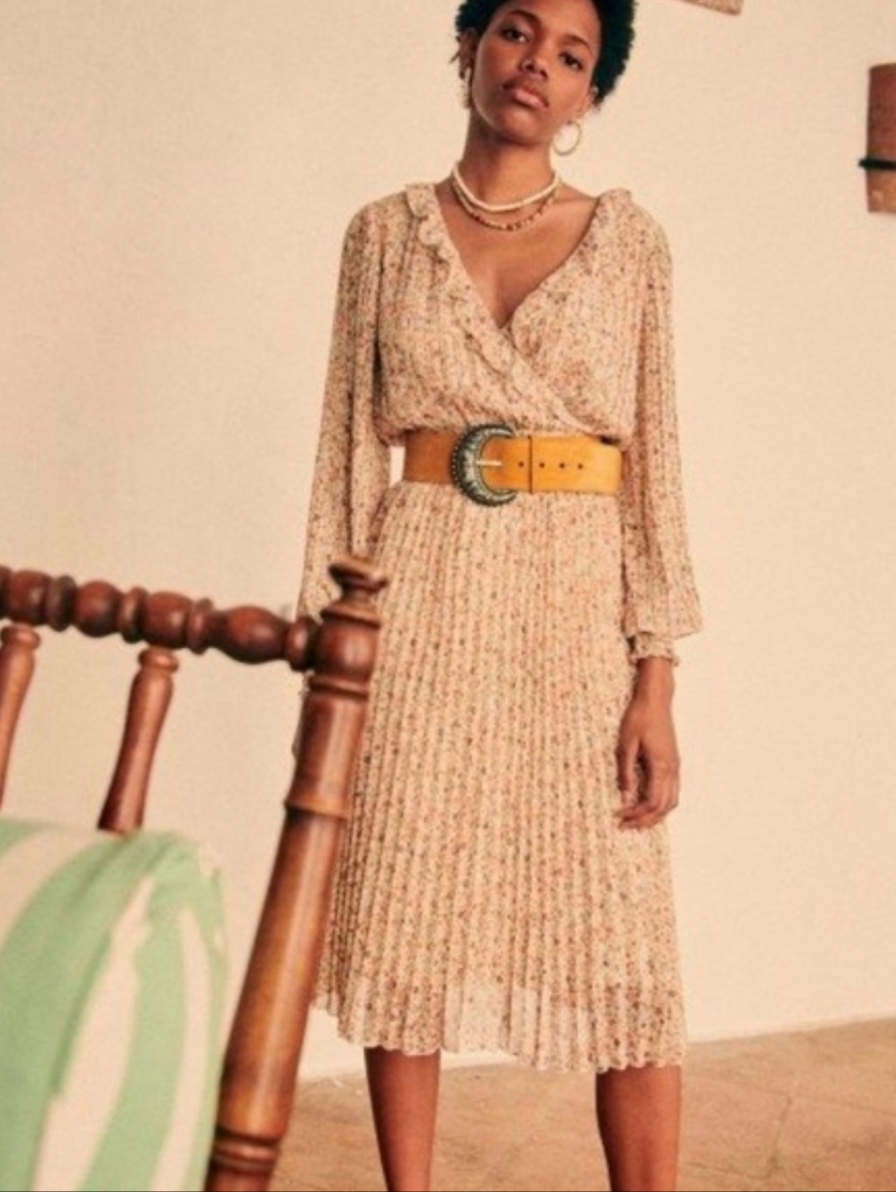 SEZANE TAL PLEATED MIDI DRESS 34